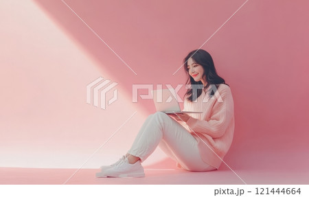 Happy woman working on laptop. Pink background with copyspace 121444664