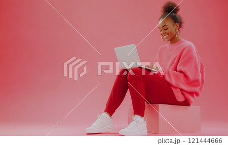 Happy woman working on laptop. Pink background with copyspace 121444666