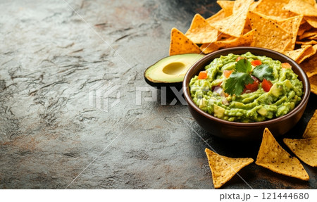 Guacamole sauce in a bowl with tortillas chips on rustic background 121444680