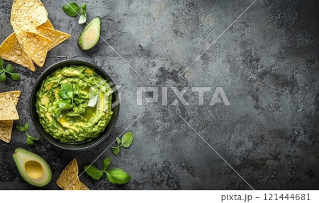 Guacamole sauce in a bowl with tortillas chips on rustic background 121444681