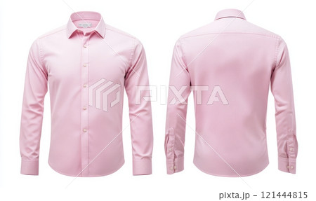 Blank pink male formal shirt with long sleeves, template for your design mockup. Front and back view. 121444815