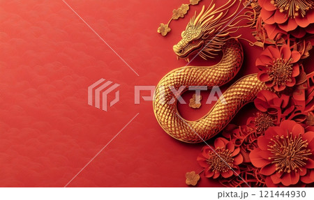 Chinese New Year background, year of the snake concept. Red and golden colored 121444930