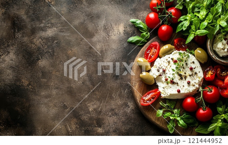 Feta cheese with olives and tomatoes on rustic background 121444952