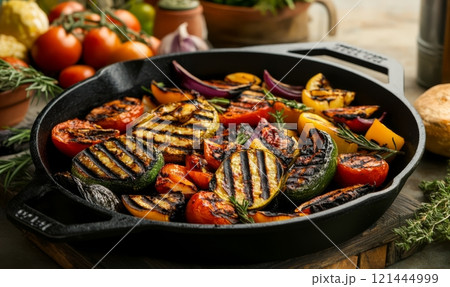 Vegetables on grill cast iron pan, on rustic background 121444999