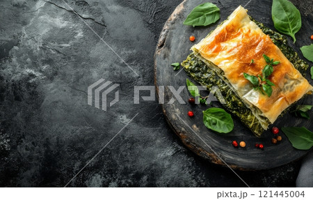 Spanakopita on a plate on rustic background, traditional food 121445004