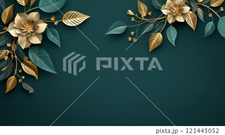 Abstract paper cut flowers. Spring concept. Frame template for decoration, invitation, greeting card with copyspace for your text. Green and gold colored. 121445052