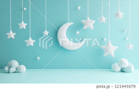 Hanging crescent moon and stars on light blue background Hanging crescent moon and stars on light blue background 121445079