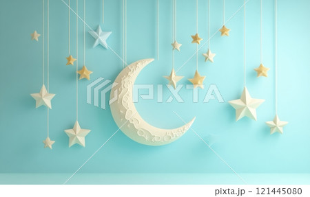Hanging crescent moon and stars on light blue background Hanging crescent moon and stars on light blue background 121445080