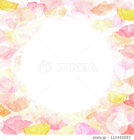 カラフルなポピーの花々で丸く囲んだフレーム。春らしい色合いの水彩イラスト。 121445083