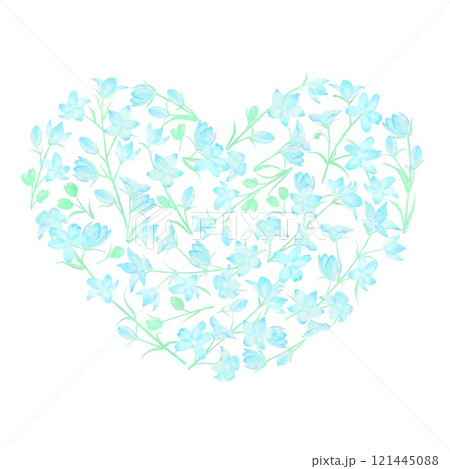 水色の可憐な花で形作ったかわいいハートマーク。水彩イラスト。 水色の可憐な花で形作ったかわいいハートマーク。水彩イラスト。 121445088