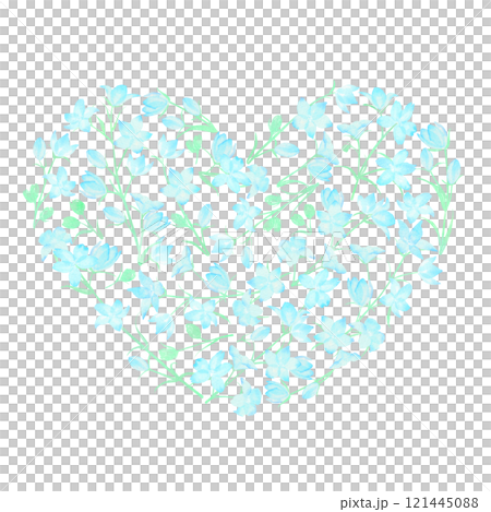 水色の可憐な花で形作ったかわいいハートマーク。水彩イラスト。 水色の可憐な花で形作ったかわいいハートマーク。水彩イラスト。 121445088