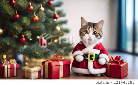 クリスマスイメージ　猫　サンタ 121445195
