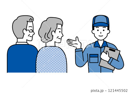 年配の夫婦に提案するつなぎ作業服の男性 年配の夫婦に提案するつなぎ作業服の男性 121445502