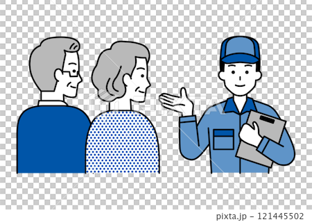 年配の夫婦に提案するつなぎ作業服の男性 年配の夫婦に提案するつなぎ作業服の男性 121445502