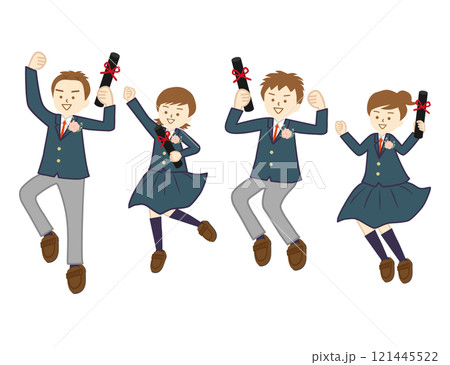 卒業証書を持ってジャンプする制服姿の男の子と女の子4人組 121445522