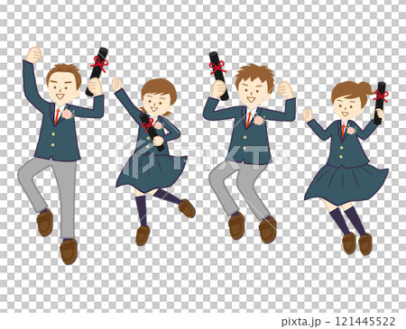 卒業証書を持ってジャンプする制服姿の男の子と女の子4人組 121445522
