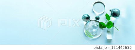 Arrangement features aloe and centella with clear serum droplets, ideal for spa. Banner for your text 121445659