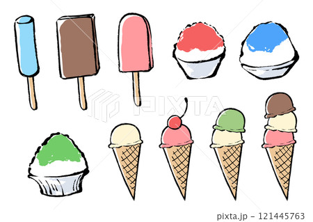 筆タッチのアイスやかき氷のイラストセット 121445763