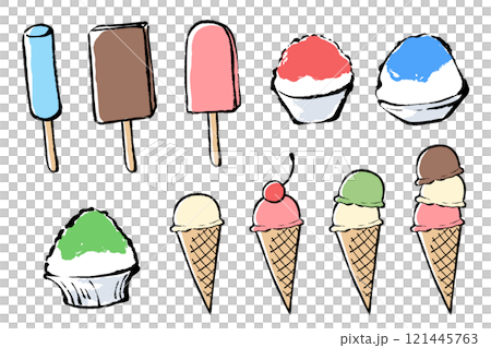 筆タッチのアイスやかき氷のイラストセット 121445763