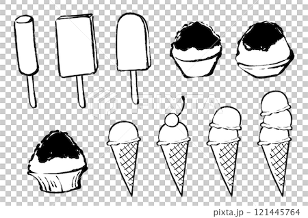 Brush-drawn ice cream and shaved ice illustration set Brush-drawn ice cream and shaved ice illustration set 121445764