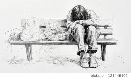 Homeless man suffering from depression sitting on bench 121446102