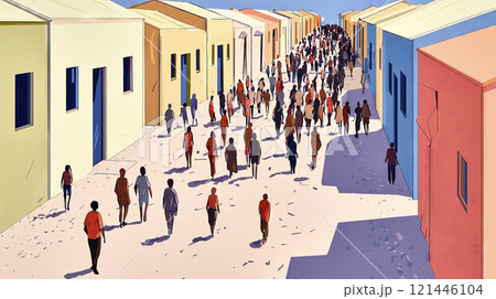Crowd walking down narrow street between buildings 121446104