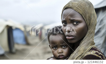 Refugee mother holding her child in refugee camp 121446132