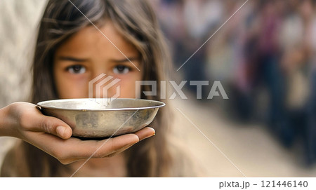 Girl holding empty bowl hoping for food donation 121446140