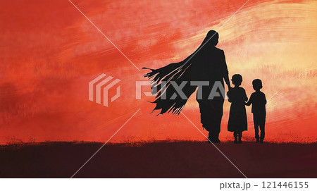 Mother and children walking under red sky representing poverty and hardship 121446155