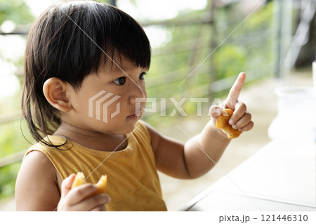 The Boy Pointed His Finger Forward. Boy shows his index finger. 121446310