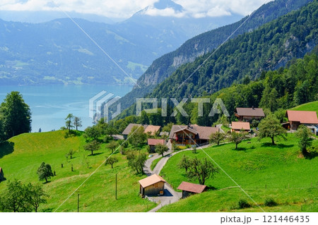 Swiss mountain village with houses, meadows and trees near a lake 121446435