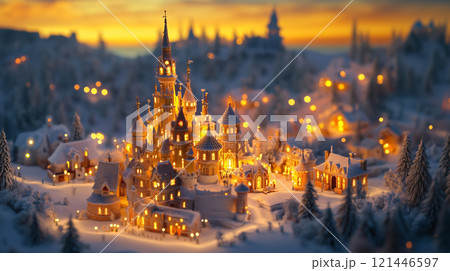 魔法的かつ幻想的な雰囲気の美しい氷の城が夕暮れ時の空に浮かび上がるAI生成画像 121446597