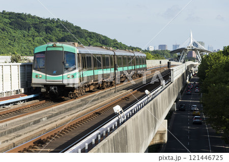 A Red Line train running on the elevated track of the Kaohsiung Rapid Transit System in Taiwan passes by the World Games metro station. 121446725