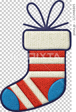 A festive patchwork stocking with embroidery stitches as christmas ornaments 121446805
