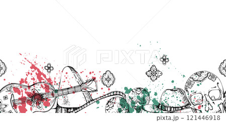 Mexican sombrero hat, guitar maracas musical instruments, cinco de mayo floral skull, red green white. Hand drawn ink vector illustration. Isolated seamless banner. Design travel, vacation, brochure 121446918