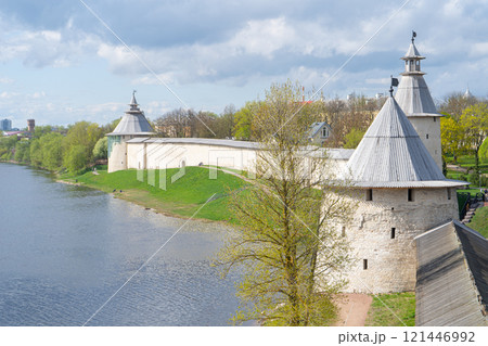 Pskov Kremlin. Fortress walls. View of the Flat, Varlaam and High Towers of the Pskov Kremlin. Velikaja River. 121446992