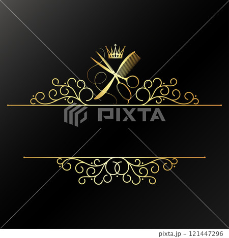 Comb, scissors, hair dryer sign with crown. Golden symbol signboard frame beauty salon 121447296