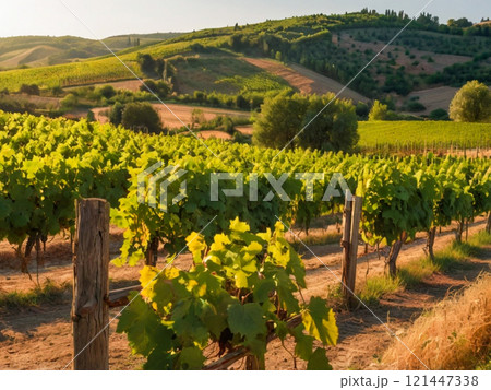 rows of wine grape trees in a vineyard 121447338