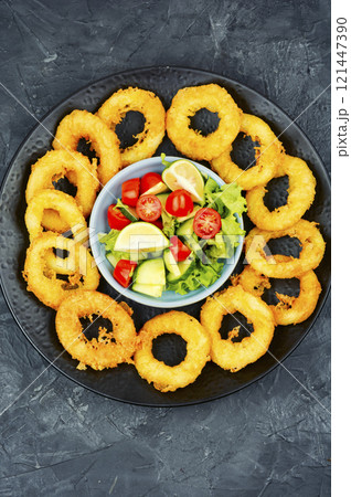 Fried calamari squid, seafood. 121447390