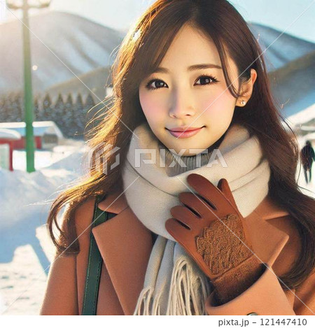 旅行で雪国に来た女性 マフラー手袋で防寒 121447410