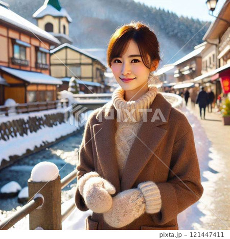 旅行で雪が降った観光地に来た女性 121447411