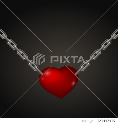 Red heart hanging on metal chains 121447413