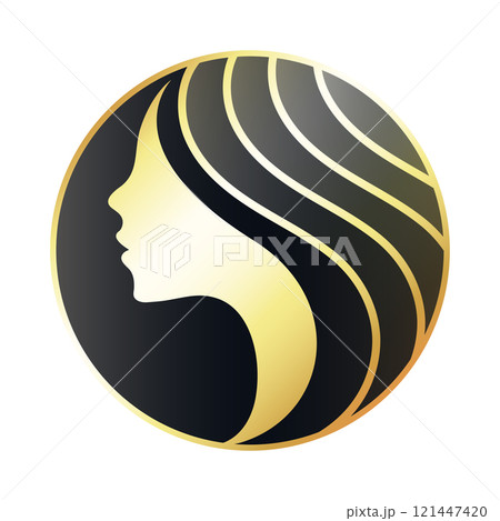 Silhouette of a girl in a circle, gold on a black background Silhouette of a girl in a circle, gold on a black background 121447420