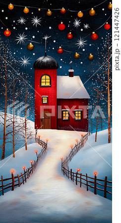 イラスト：さびれた田舎町の雪の日 121447426