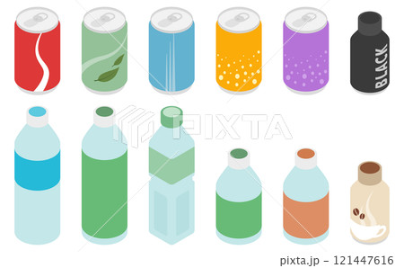 アイソメトリックイラスト：缶とペットボトルのドリンク 121447616