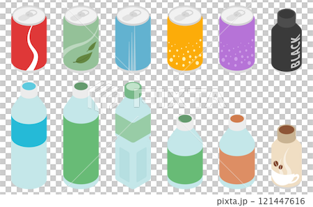 アイソメトリックイラスト：缶とペットボトルのドリンク 121447616