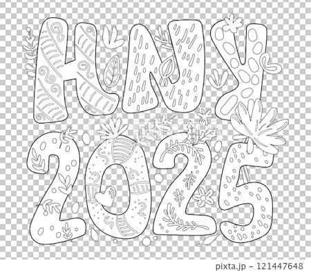 Graphic Design for T-shirt in New Year 2025 theme. Black outline with white plain typography illustration words "HNY 2025" with cute plants on a transparent background. Graphic Design for T-shirt in New Year 2025 theme. Black outline with white plain typography illustration words "HNY 2025" with cute plants on a transparent background. 121447648