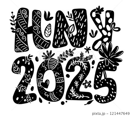 Graphic Design for T-shirt in New Year 2025 theme. Black silhouette typography illustration words "HNY 2025" with cute plants on a transparent background. Graphic Design for T-shirt in New Year 2025 theme. Black silhouette typography illustration words "HNY 2025" with cute plants on a transparent background. 121447649