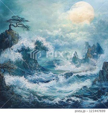 海面に反射した満月と星空 121447699