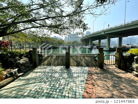 Trees gardenn in Hong Kong outdoor purblic park with buildings and bridge Trees gardenn in Hong Kong outdoor purblic park with buildings and bridge 121447868